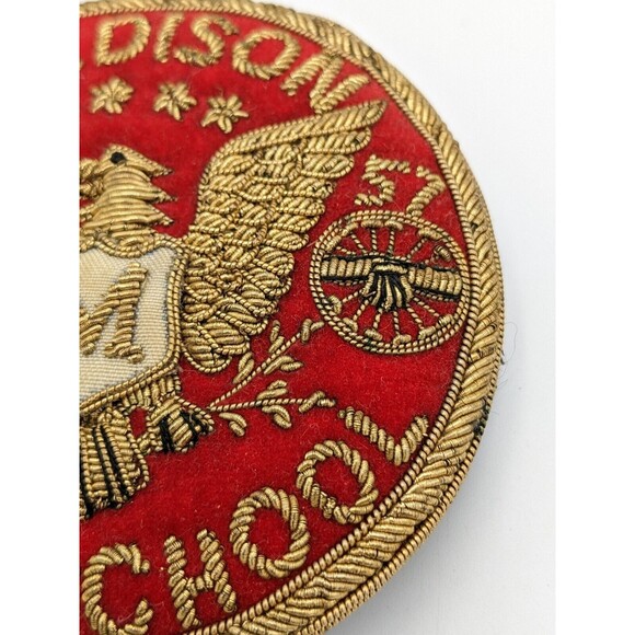 Vintage Bullion Wire Madison High School Eagle Crest 1957 Patch Pin Red Gold 3" - Picture 3 of 11